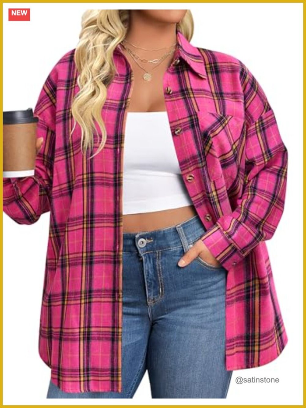 Women's Plus Flannel Shirt, Long Sleeve Button Down Plaid Top